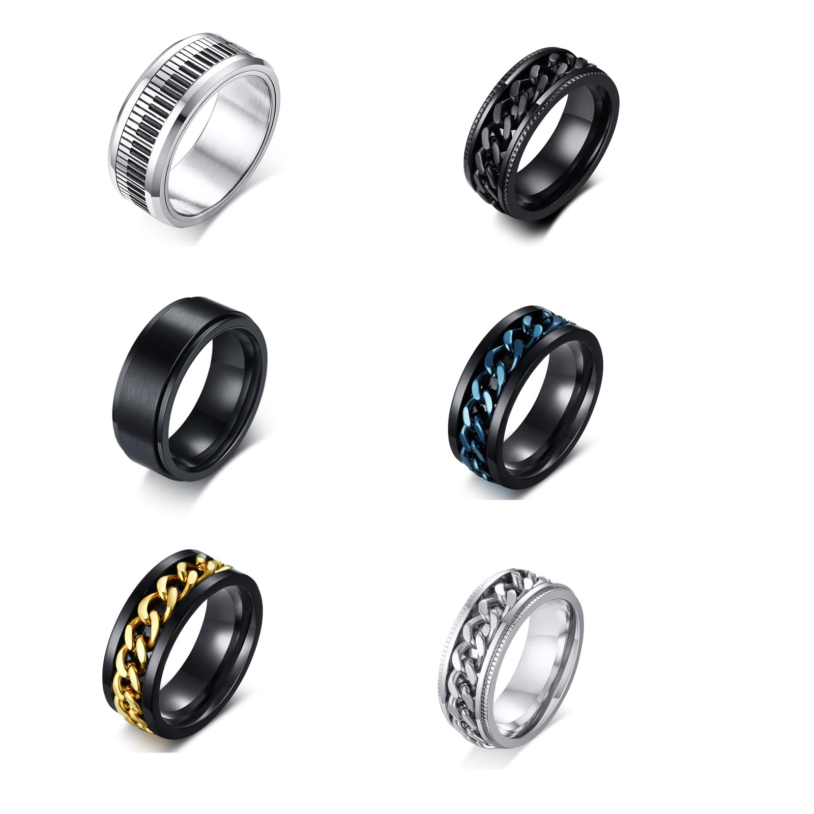 XUANPAI 6pcs Rotatable Rings sets Anxiety Relief Men