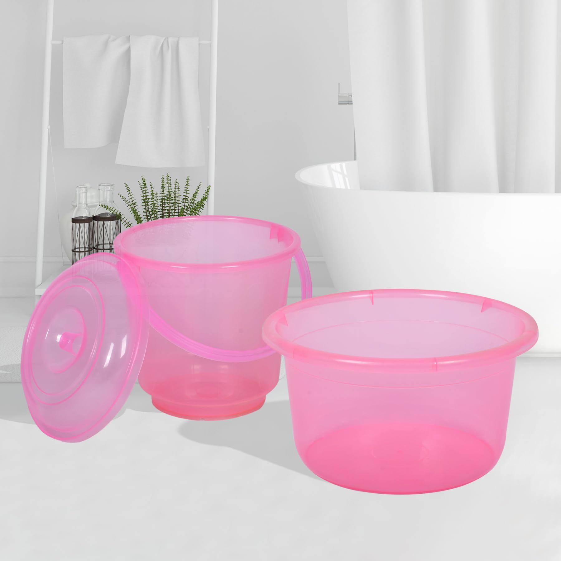 Kuber Industries Set of 2 Bathroom Combo Set - Tub-25 L & Bucket-13 L Bathing Set for Bathroom Transparent Pink
