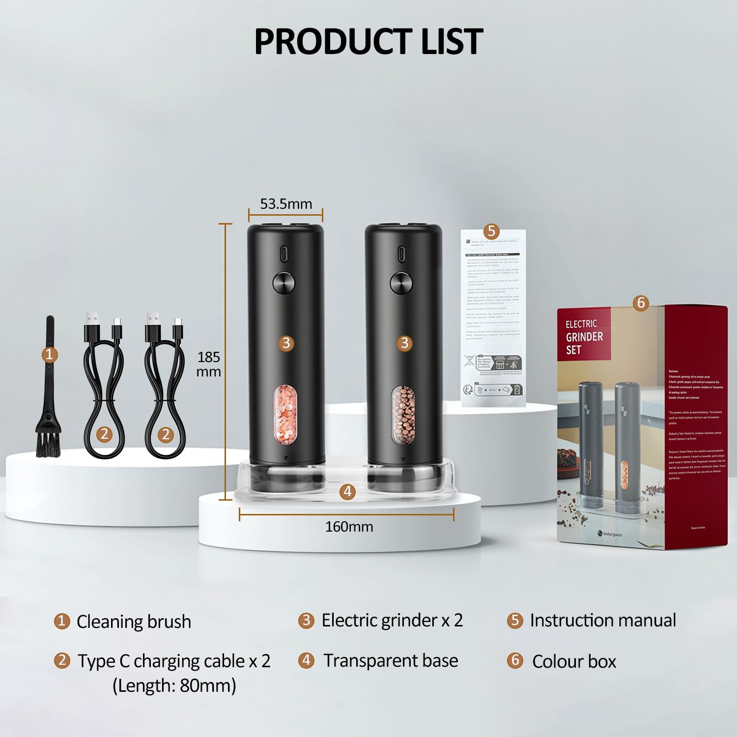 Macina Sale e Pepe Elettrico Set, Macina Spezie e Sale Grosso Elettrico con Base, Macinapepe Grinder in Ceramica Rugosità Regolabile, Set Trita Spezie Automatici Ricaricabile USB per Cucina e Tavola