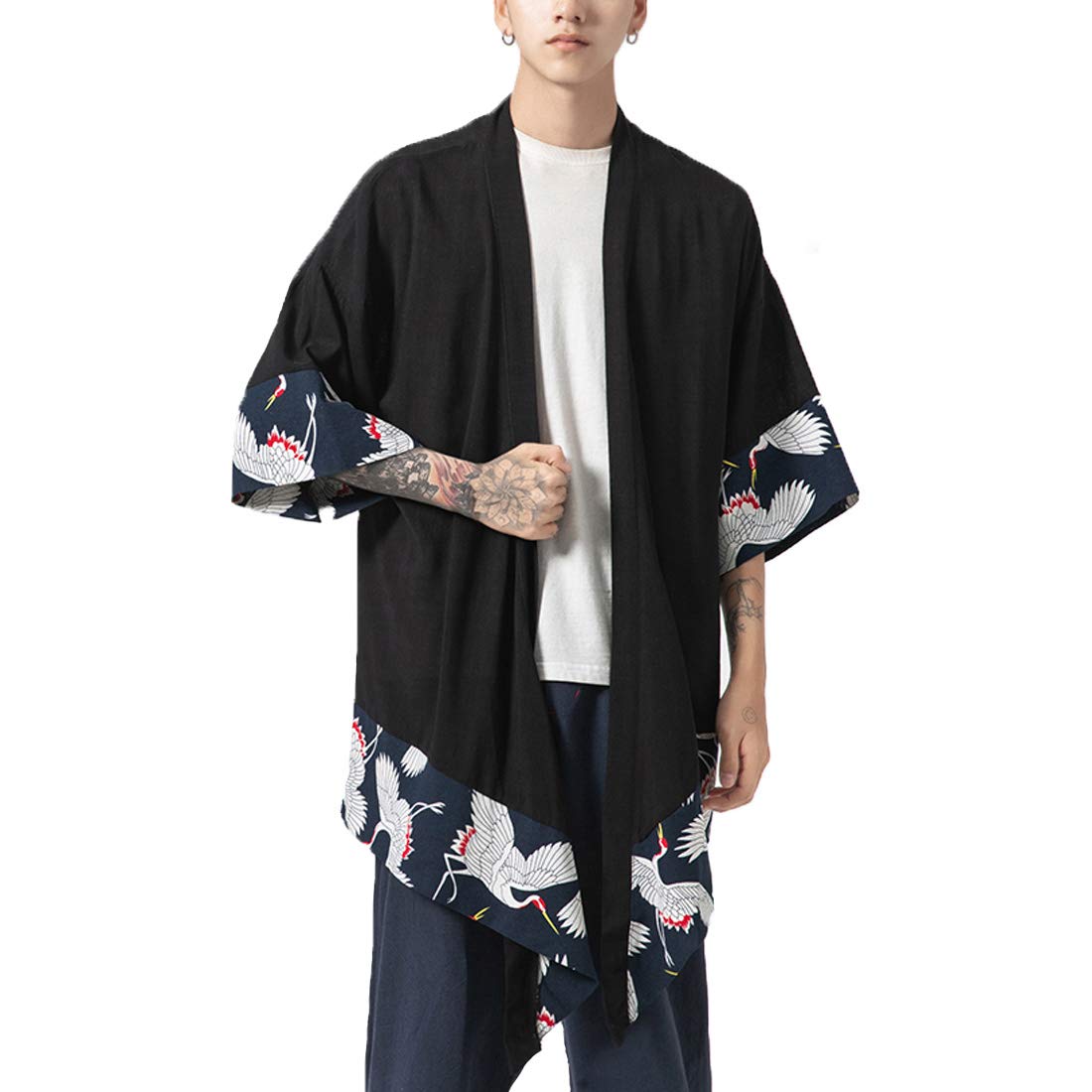 HZCX FASHION Men's Cotton Blends Linen Printed Open Front Long Sleeve Cardigan