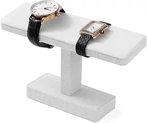 Microfiber T-bar Bracelet Watch Stand Jewelry Bracelet Watch Holder Necklace Bangle Organizer Holder Jewelry Stand,Solid Wood Interior(White)
