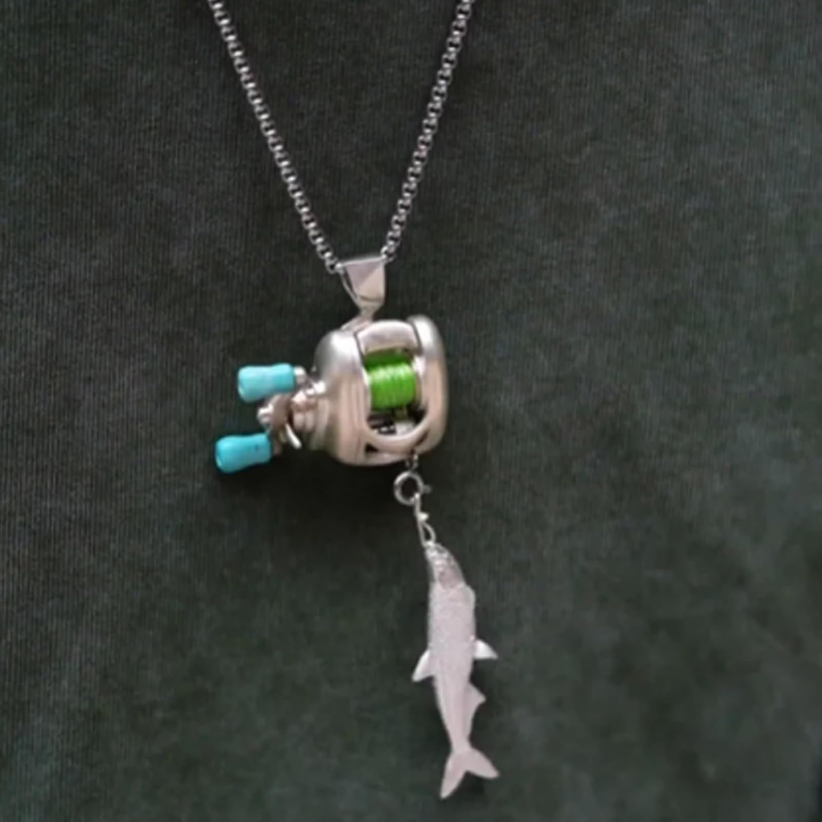 Générique Mini collier de moulinet de pêche, ensemble de bijoux de moulinet de pêche, pendentif de bras à bascule de moulinet, pendentif de moulinet et anneau de bras à bascule rotatif
