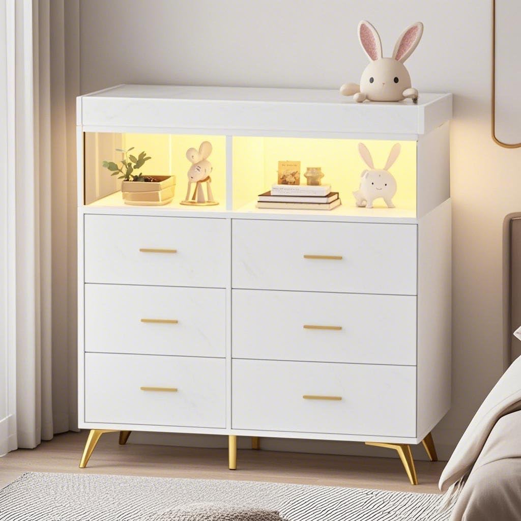 Garvee Baby Changing Table Dresser with 6 Drawers & LED Lights, Nursery Dresser with Power Outlet, 2 Open Shelves, Modern Diaper Changing Station and Storage for Bedroom