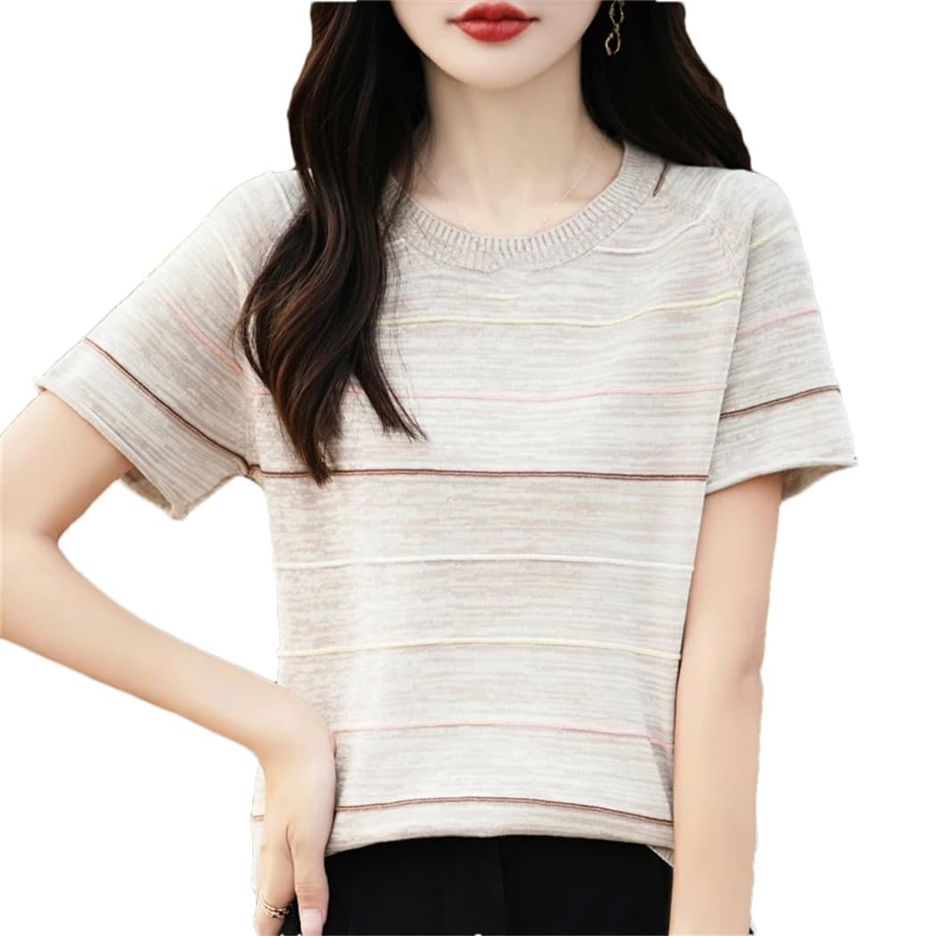Camicetta estiva da donna in cotone a maniche corte casual a righe camicetta girocollo top pullover allentato t-shirt