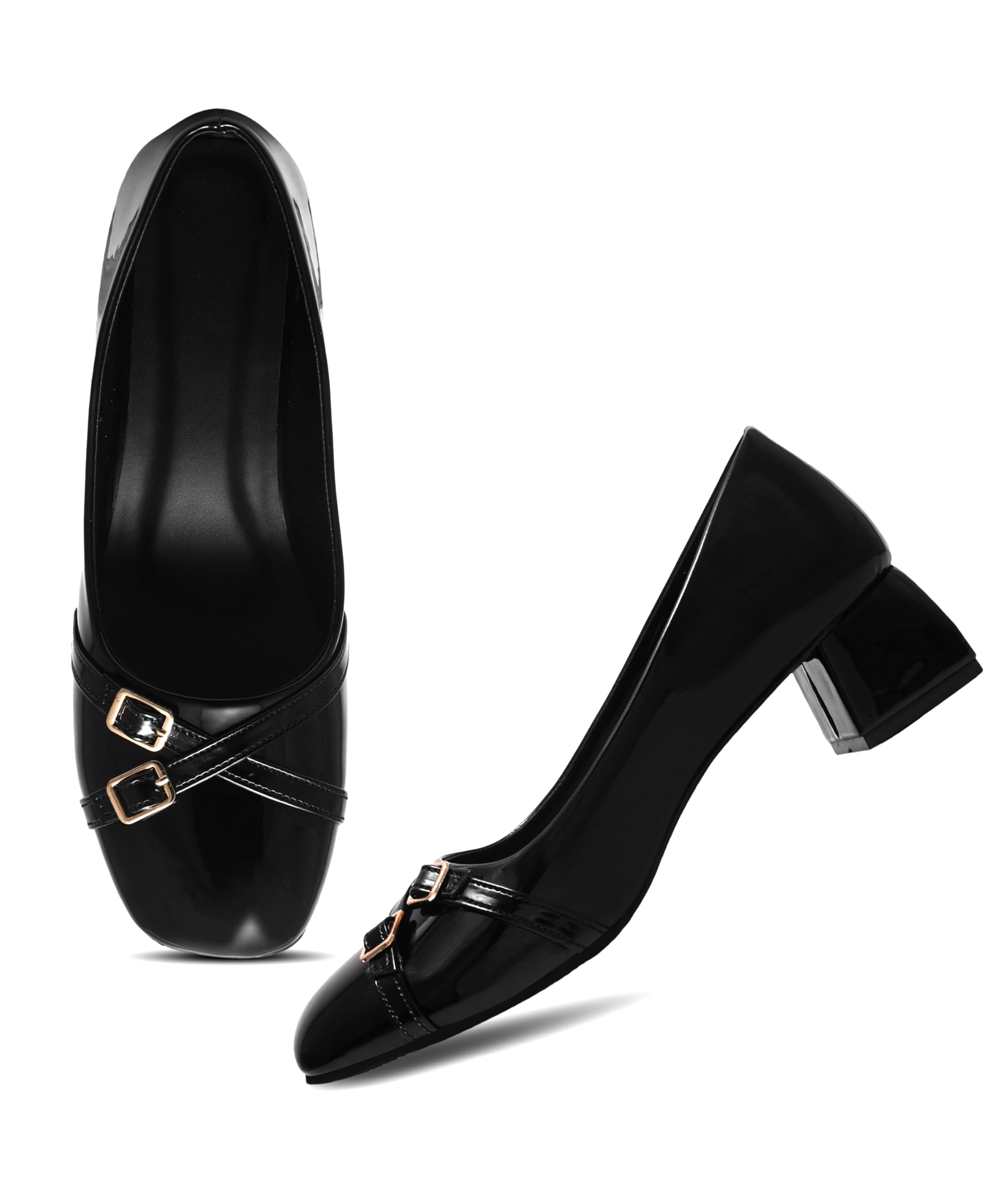 Elegant Double Buckle Block Heels with Glossy Patent Finish and Sophisticated Low Heel for Daily Comfort-image-38