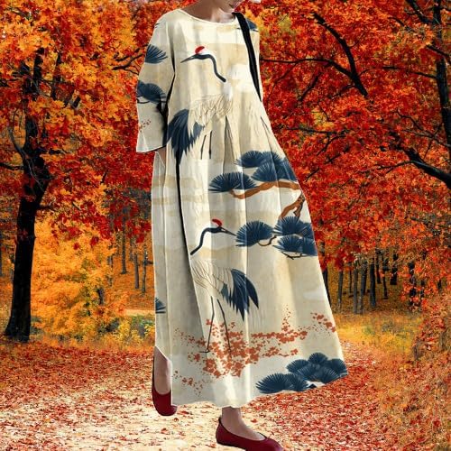 MARSVOVO Vintage Dress for Women Graceful Print Oversized Summer Baggy Flowy A-Line Dress Long Sleeve Dress for Women - Image 3