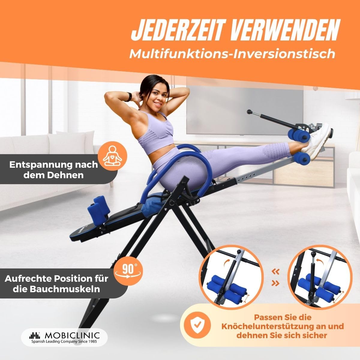 Mobiclinic® fitness, Inversionstisch, Klappbar, Neigung 180°, Bis 120 kg, Verstellbar, Lendenkissen und kopfstütze, Vier sicherheitssysteme, Stretching crunches, Stahl