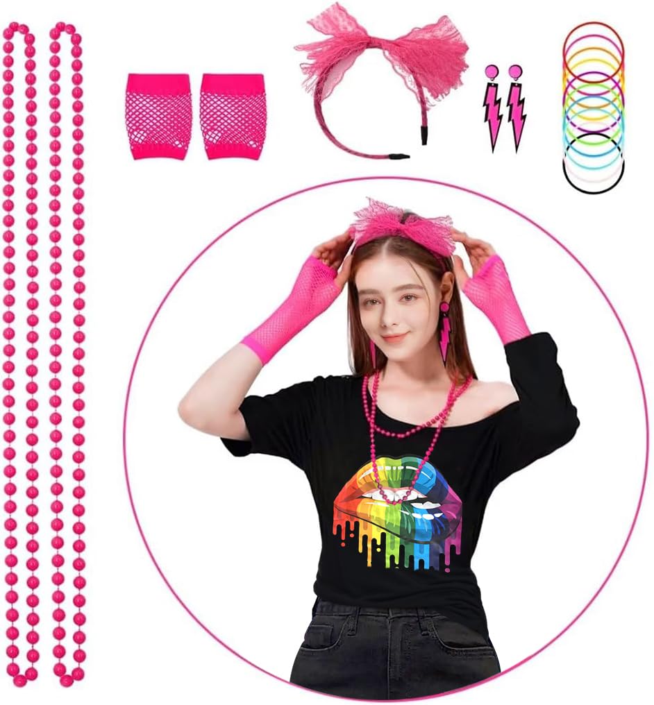 ELFIN 8 Pieces Women 80s Fancy Dress Off Shoulder Tops Lip Print 80s T-Shirt Warmers Fishnet Gloves Necklace Earring 1980s Costumes Outfit Accessories Retro Theme Party Cosplay - Image 2