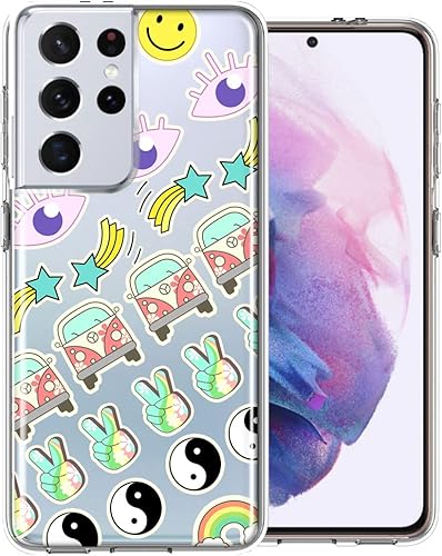 Mundaze - Para Samsung Galaxy S21 Ultra 70's Yin Yang Hippie Happy Peace Stars Design Case Slim Hybrid a prueba de golpes Carcasa rígida TPU suave