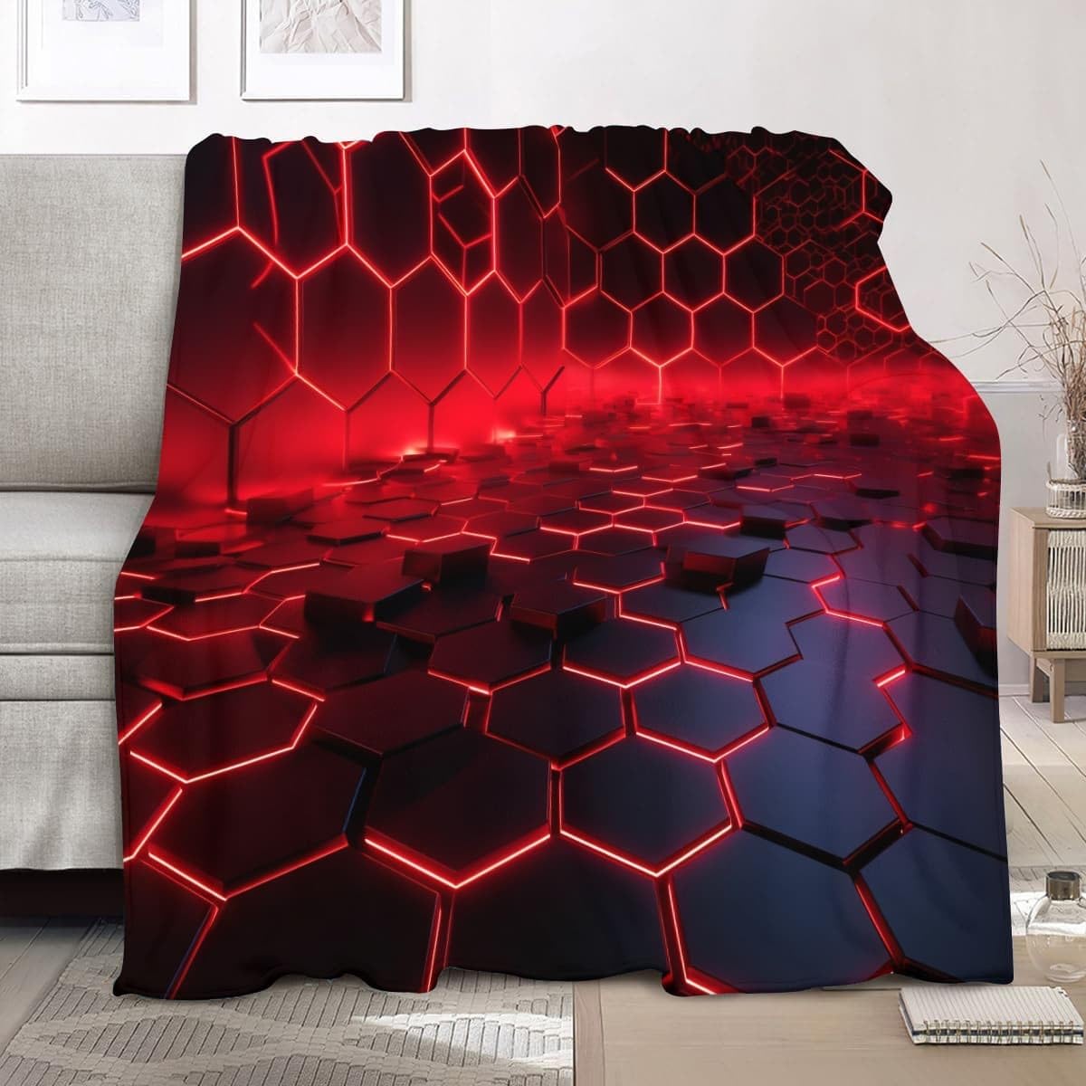 Coperta Plaid Pile di Flanella 180x220 cm, Alveare Geometrico Fantascientifico Calda e Morbida Coperta Pelosa Per Letto Matrimoniale, Colori Al Neon Coperta Morbida Leggera per Divano, Campeggio