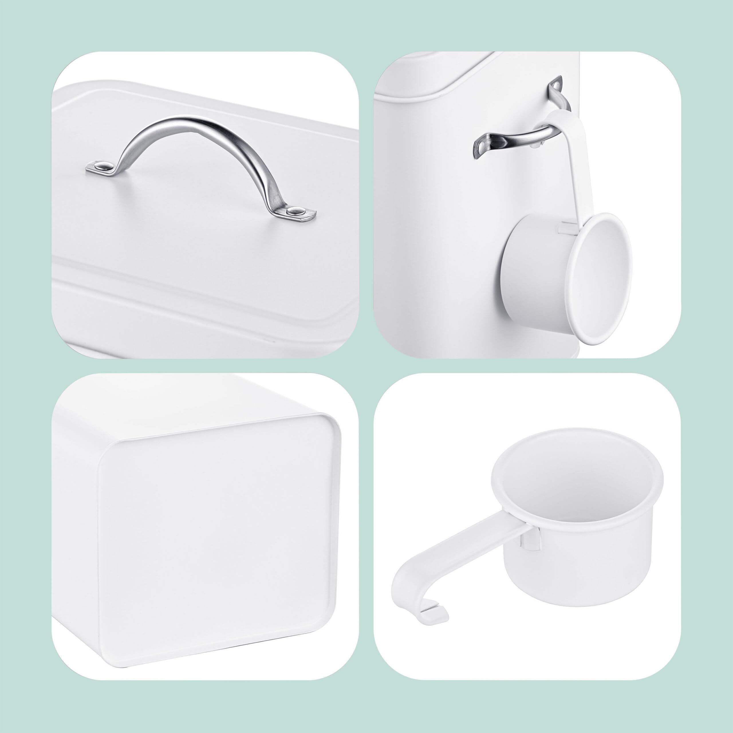 Relaxdays Contenitore per Polvere in Metallo 6L con Coperchio e Misurino, Design retrò, Bianco, 25.5x18x15.5 cm