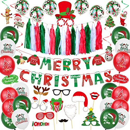 GOCUODE 78 Pièces Ballons de Noël Kit,Set de Décoration de Noël avec Accessoires de Photobooth de Fête,Banderole Lettres,Decor de Noël à Tourbillons Suspendre (Style 1) Cover