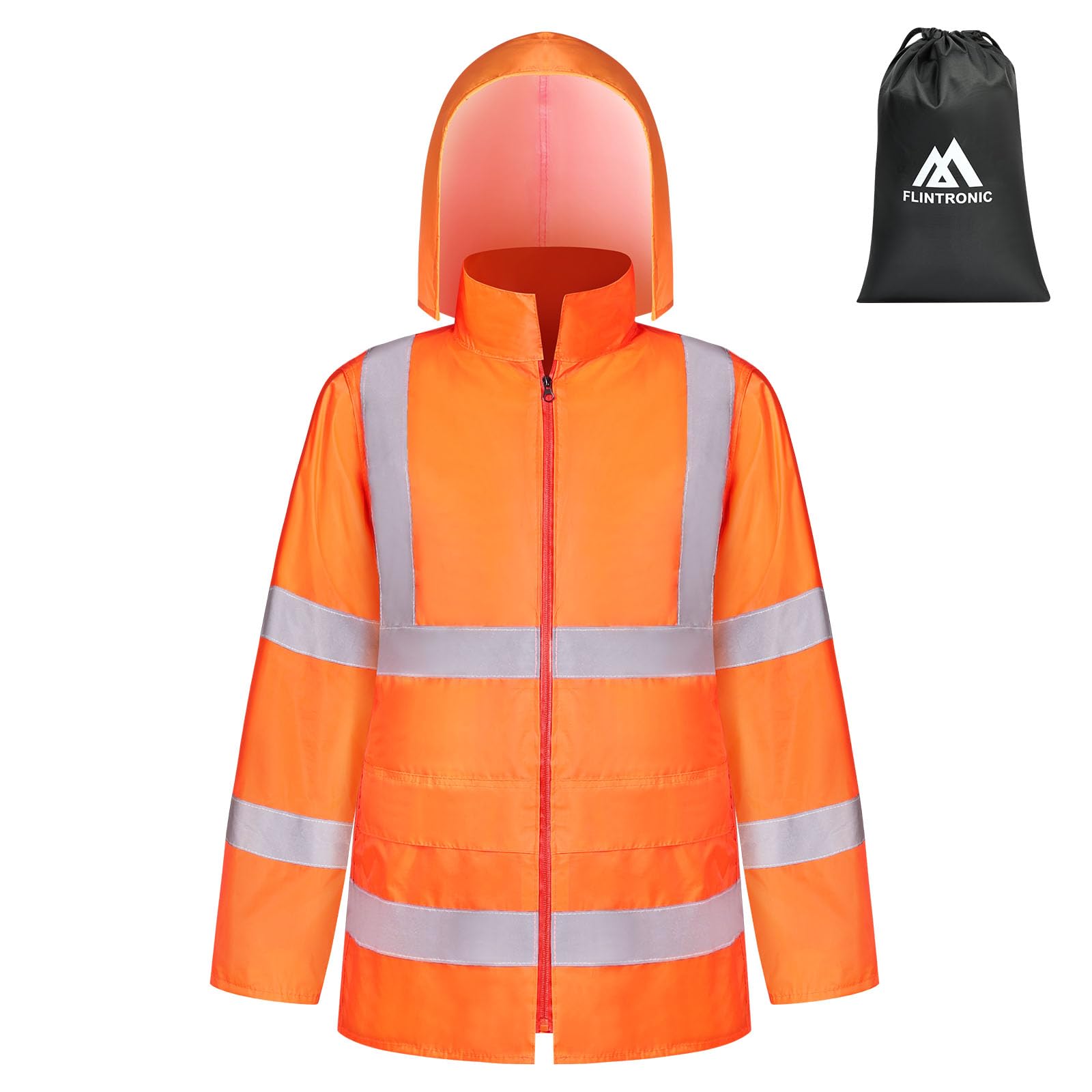 flintronic Veste De Pluie Haute-Visibilité pour Hommes, Imperméable Veste de sécurité avec réflecteurs, Imperméable Légère, Orange