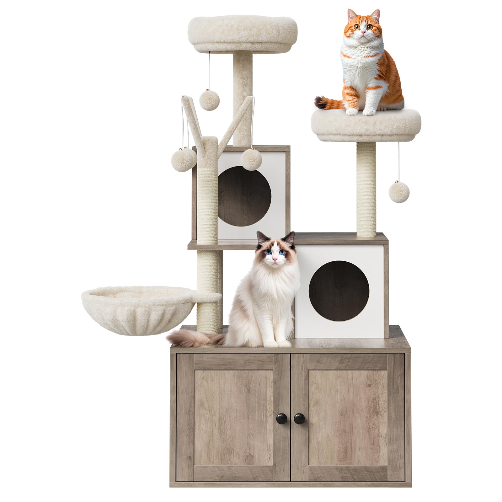 Kratzbaum Groß Mit Katzentoilettengehäuse, Versteckte Katzentoilette Mit Sisal-Kratzbaum Und Weichem Plüschsitzplatz, Aktivitätsbaum, Katzenmöbel Aus Holz Mit Mehreren Plattformen, Grau