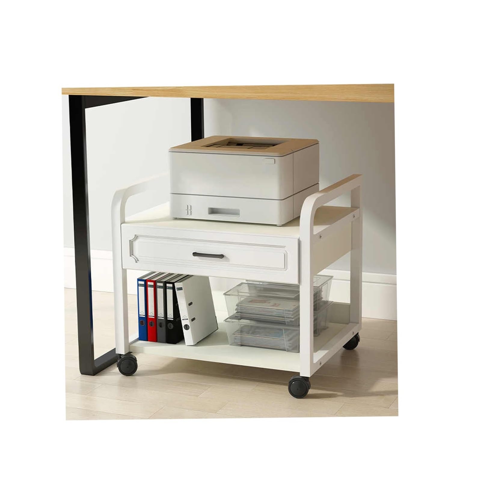 Mensola Porta Stampante Supporto per Stampante in Legno Mobiletto con Ruote Supporto per Stampante A 2 Livelli Supporto per Stampante Portaoggetti Mobile 4 Ruote(White,Small)