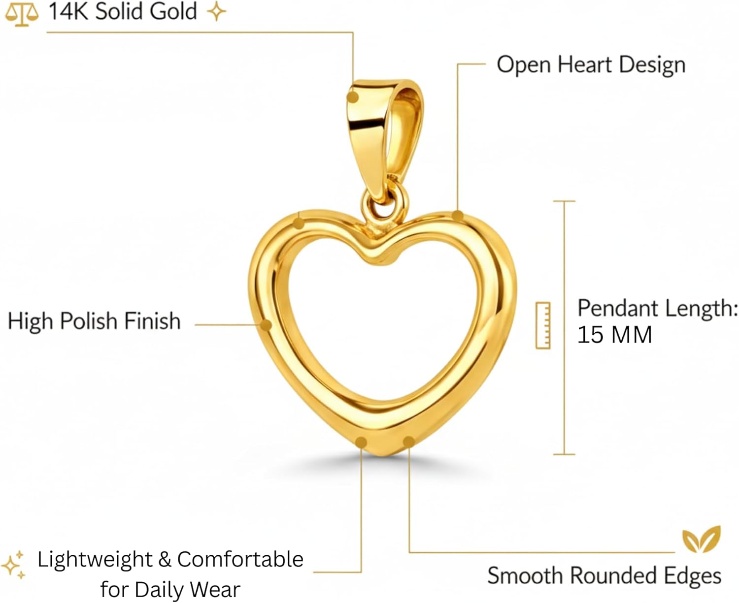 Italian 14K Solid Gold Open Heart Pendant Charm for Women - Real 14K Yellow Gold Minimal Hollow Heart Design Pendant (15mm-20mm) - Image 3