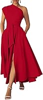 Ekaliy Women's One Shoulder Belted Maxi Dress with Pockets - Flattering Formal Wedding Guest Long A-Line Gown
