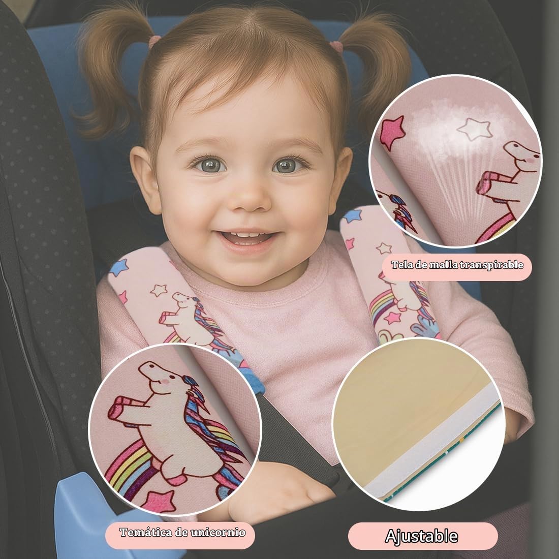 2 Piezas Protector Cinturon Coche Niños, Almohadilla Cinturon Coche, Coche Protector Cinturon Niños Almohadilla, Almohadilla para Coche con Dibujos de Unicornio para niños,