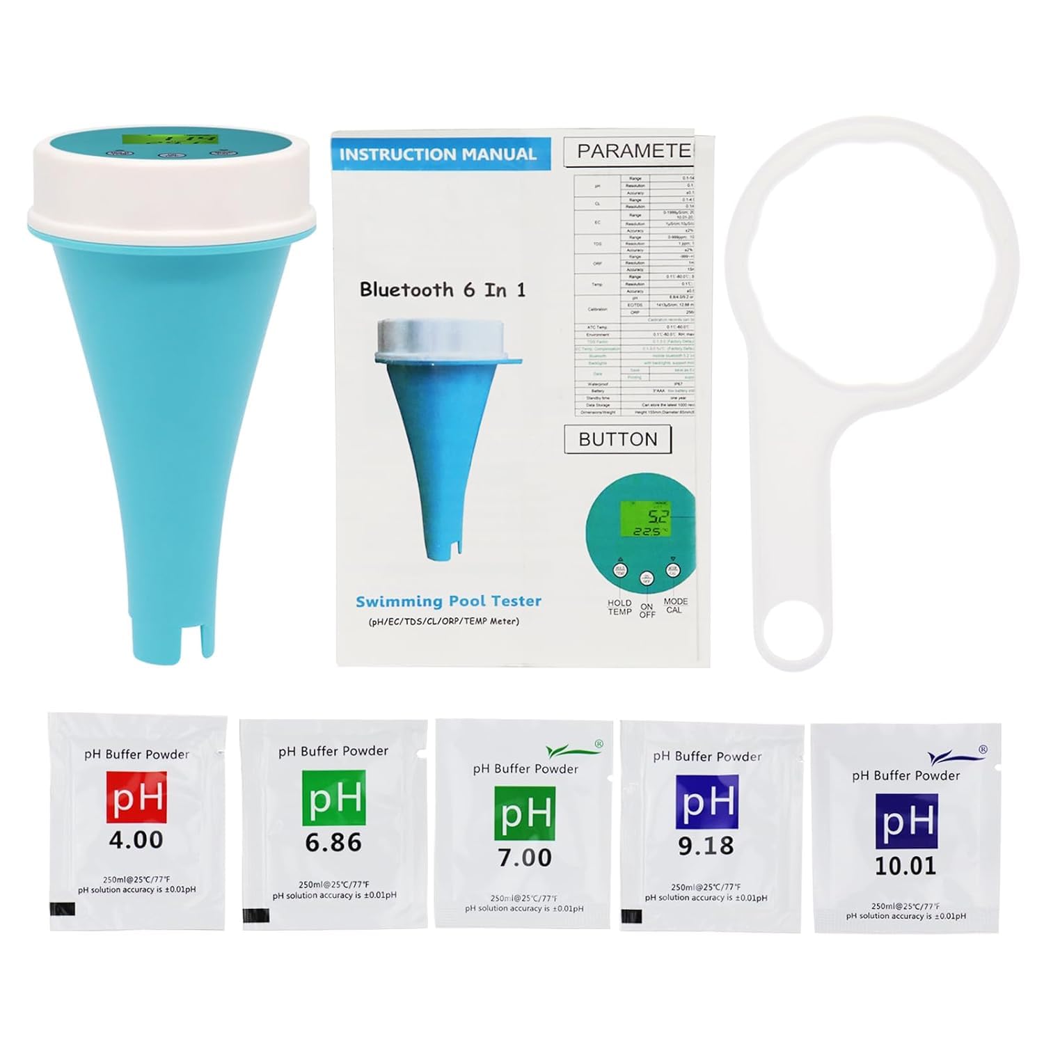 Testeur de qualité d'eau intelligent : Moniteur flottant Bluetooth 6-en-1 pour piscines, spas et cultures hydroponiques - mesure du pH, de l'EC, de l'ORP, du chlore, de la salinité et de la températur