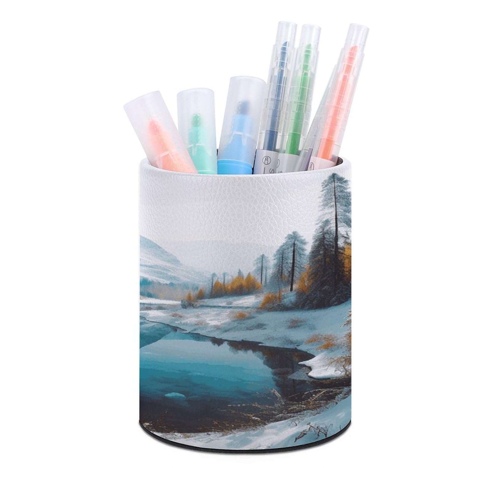 FekiLoot PU Leather Round Pen Holder Winter Mountains Snow Scene Pencil Holder Desk Organizer Pen Organizer Pen Cup Pencil Cup Caddy Desktop Stationery Organizers for Office Home Supplies