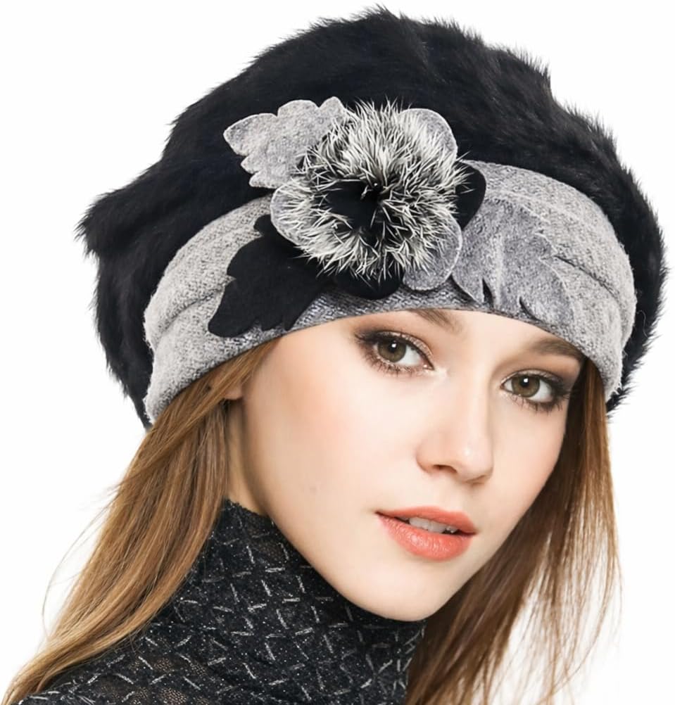 VECRY Lady French Beret 100% Wool Beret Floral Dress Beanie Winter Hat