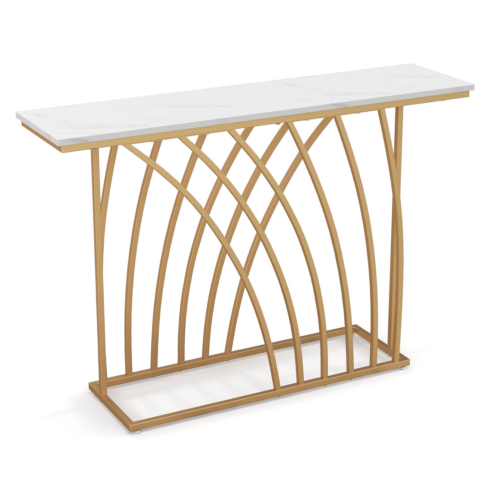 LIFEZEAL Tavolo Console Moderno, Effetto Marmo, Tavolo d’Ingresso, Telaio in Metallo, Piedini Regolabili, Salvaspazio, Corridoio, Soggiorno, Entrata, Max 20kg, 120x30x80cm, Oro