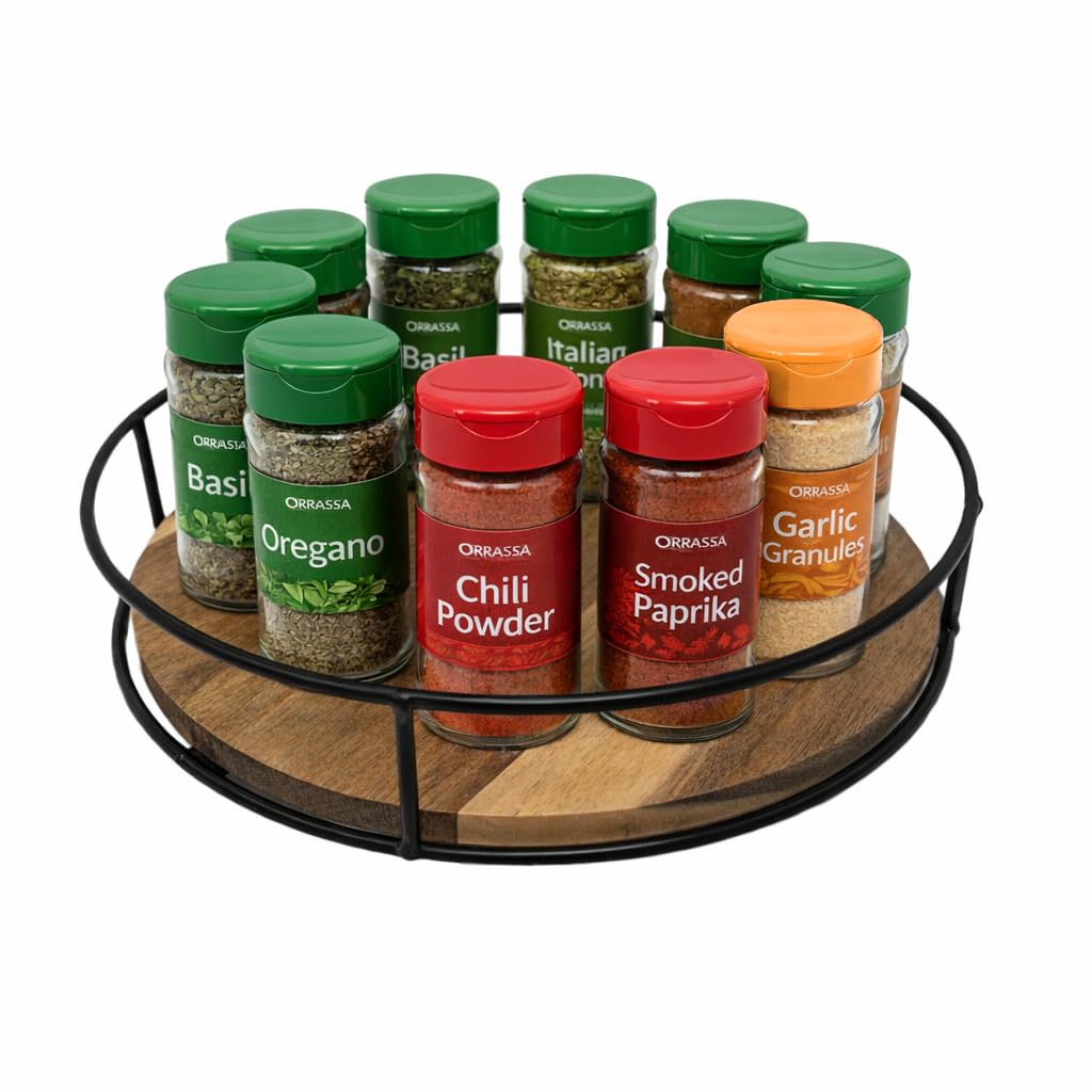Rotating Spice Rack | Round Acacia Lazy Susan Organizer | 360 Degree Rotating Cupboard Organiser | Kitchen Storage Turntable | Pantry Shelf Organiser | Cupboard Storage | Condiment Holder