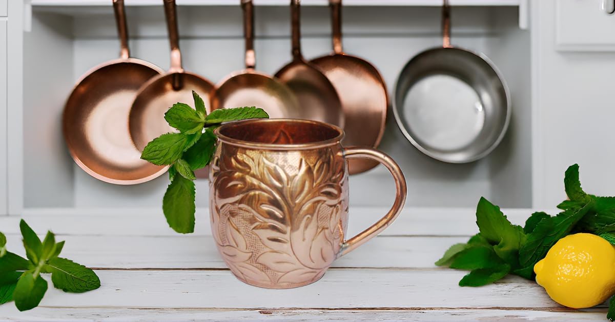 PARIJAT HANDICRAFT Engraved Unlined Beer Steins Style Handcrafted 16 Ounce Solid Copper Moscow Mule Mug C-Shape Handle Classic