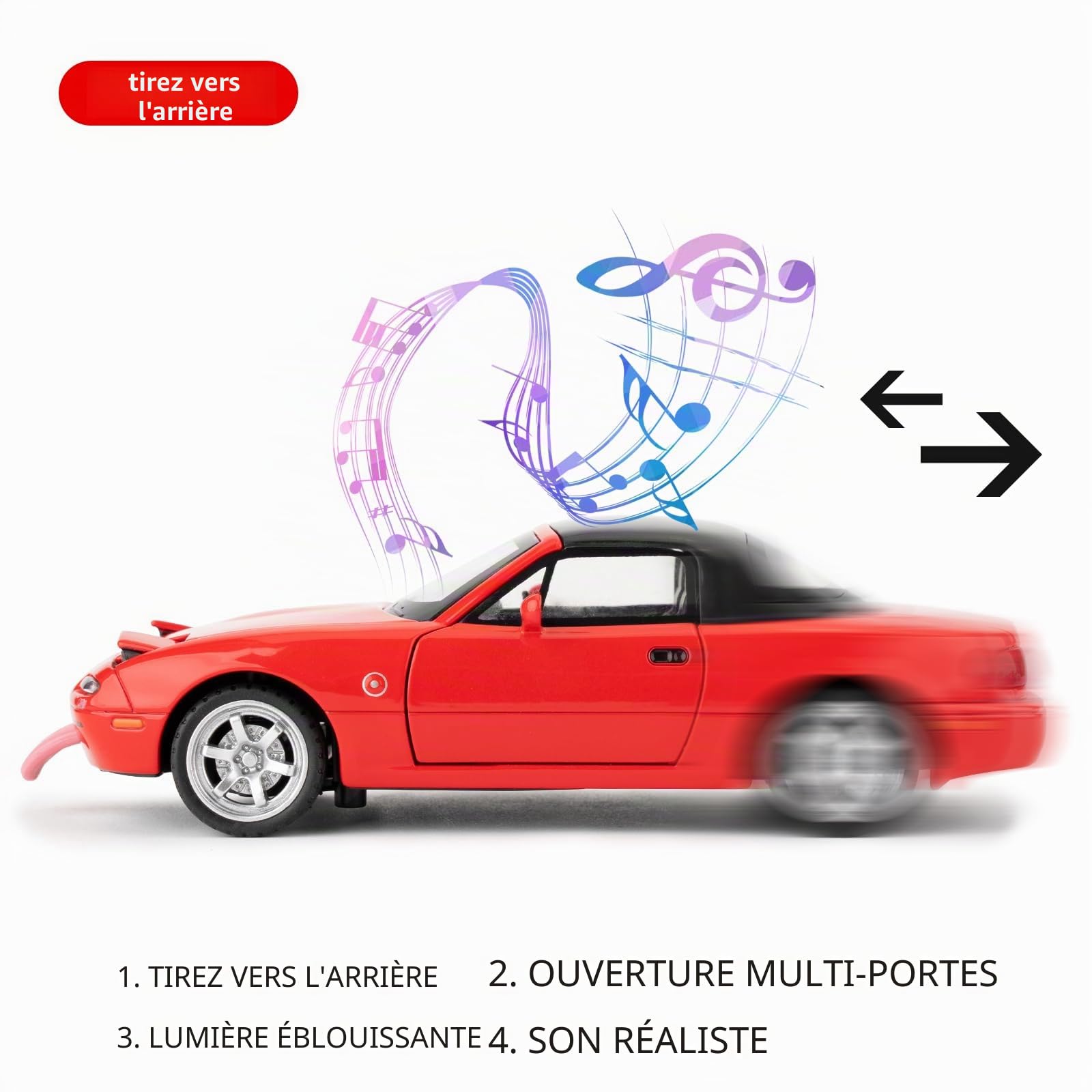 imtfzct Mazda Miata MX-5 - 1/32 - Voiture miniature à rétraction - Avec son et lumière - Convient aux enfants de 4 à 7 ans - Voiture jouet de collection - Rouge