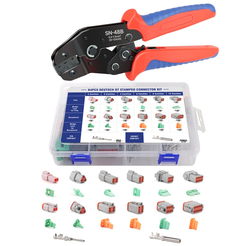 YMYP 188Pcs 12 Sets Deutsch DT Connector Kit，2/3/4/6/8/12 Pin DT Connectors with Open Barrel Crimping Tool Size 16 Stamped Contacts, IP68 Waterproof
