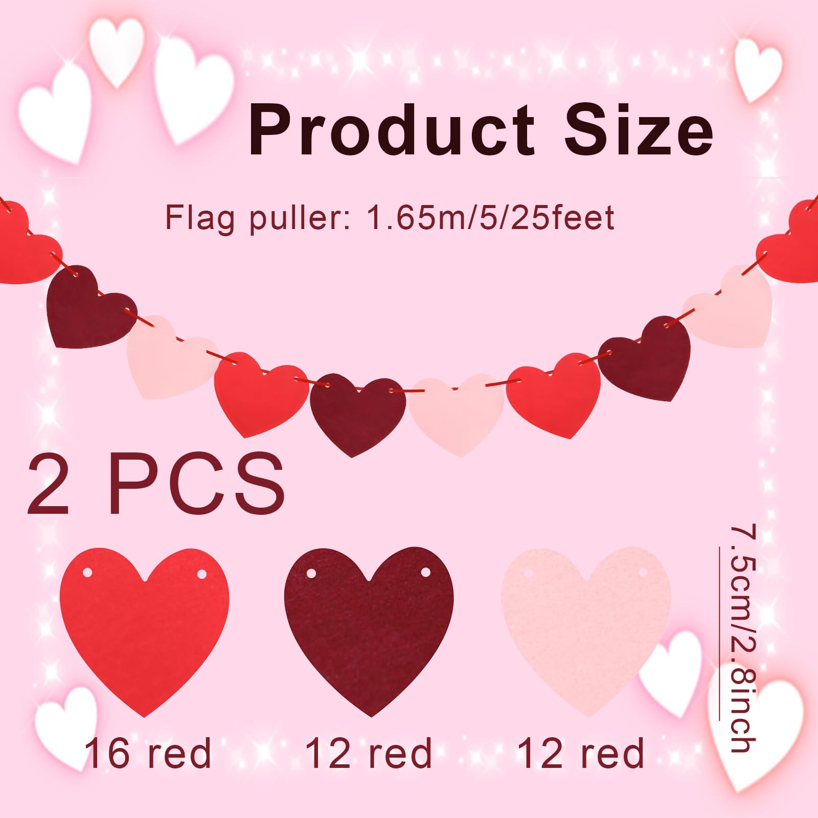 Valentines Bunting, Valentines Day Decoration Banner, Red and Pink Heart Shape Hanging Decoration - Image 2