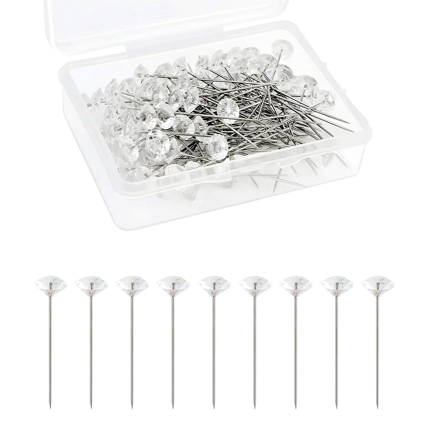 Gaomumu Sliver 100Pcs Diamond Bouquet Pins Rhinestones Corsages, Diamante Crystal Flower Pins, Wedding Floral Bouquet Pin For Bridal Diy Sewing Craft Decorations With Plastic Box