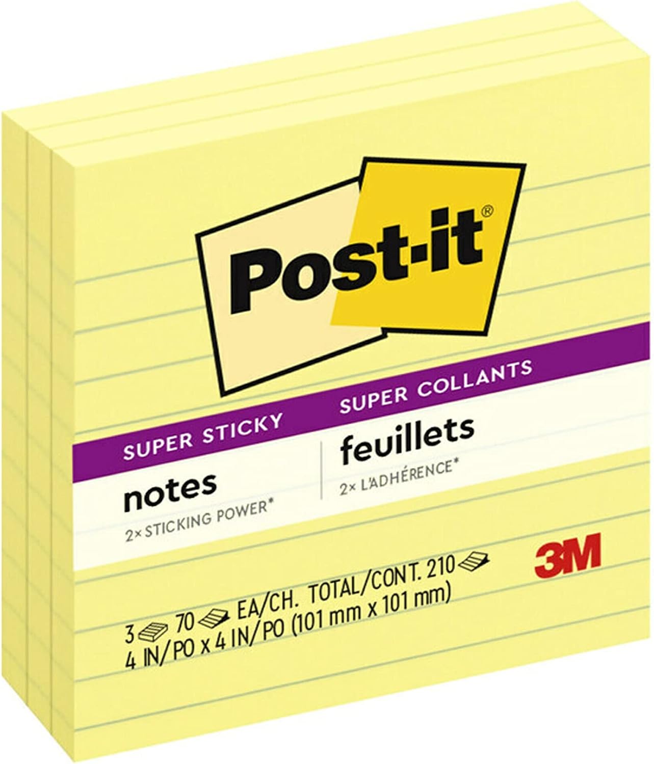 Post-it Super Sticky Notes, 4x4 in, 3 Pads, 2x the Sticking Power, Canary Yellow, Recyclable (4470-3SSCY)