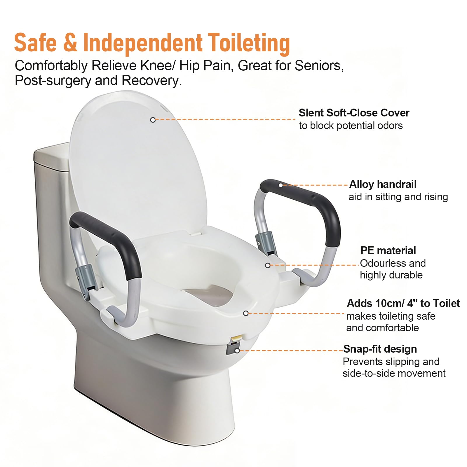 Asiento elevador de inodoro para adultos con reposabrazos y tapa, asiento de inodoro elevado para adultos, asiento de inodoro elevado con tapa, ancho ajustable (10 cm de altura)