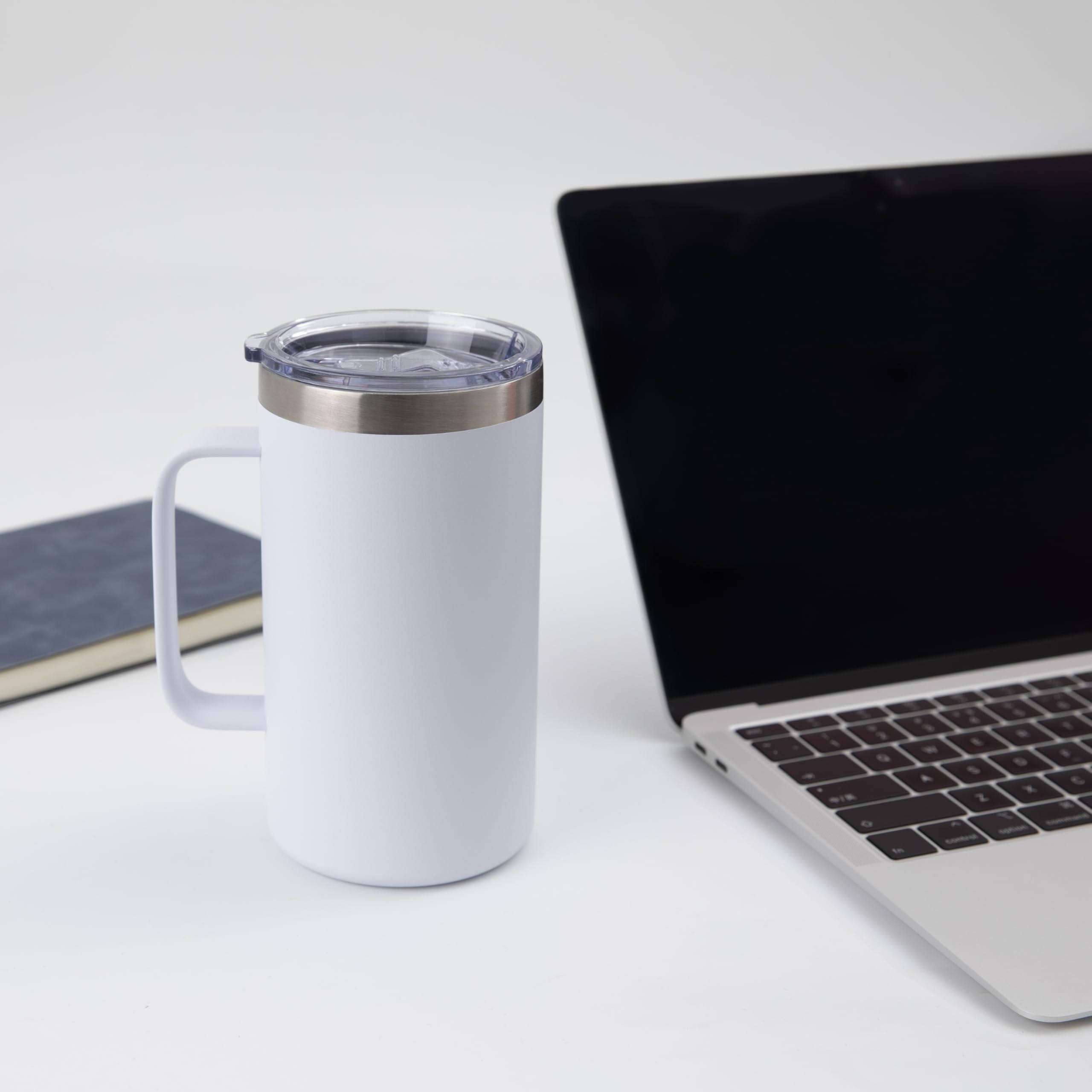 DOMICARE Taza de café de acero inoxidable de 24 onzas con asa y tapa, taza de viaje con asa, vaso de café al vacío de doble pared, taza aislada reutilizable, color blanco, paquete de 8