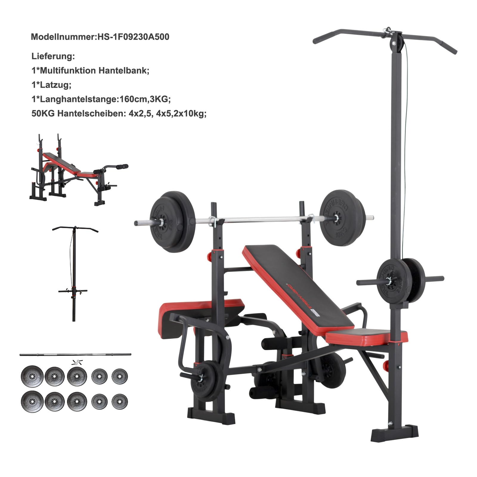 Hansson Sports® Kraftstation Hantelbank vielseitigen Training mit Latzug&Gewichten optinal