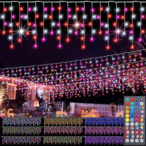 Pooqla Color Changing Icicle Lights with 44 Keys Remote, Valentine's Day LED Icicle Lights Outdoor, 240 LED 23 FT RGB Waterproof Hanging String Lights for Roof Window Home Party Valentine's Day Decor Cover