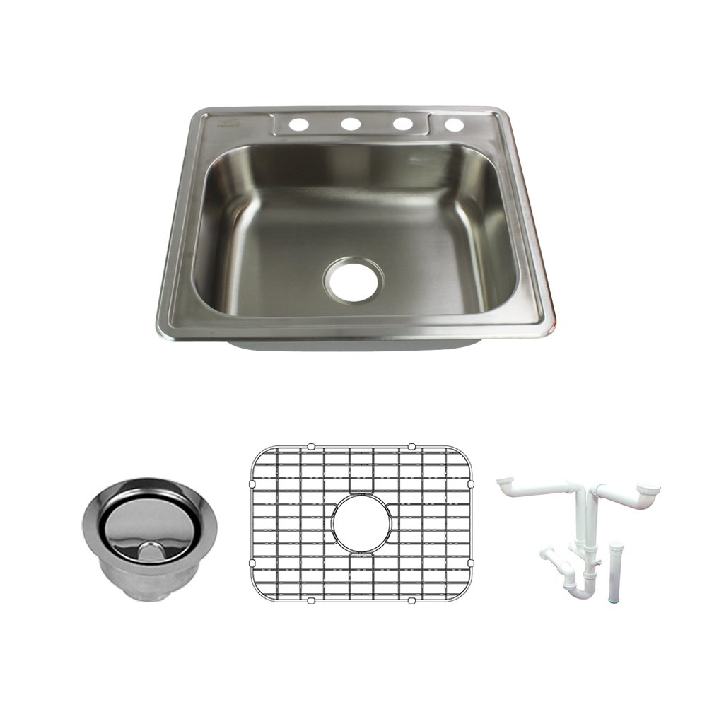 Transolid K-STSB25226-4 Select 4-Hole Drop-in Single Bowl Gauge Stainless Steel Kitchen Sink Kit, 25-in x 22-in x 6-in, Brushed Finish