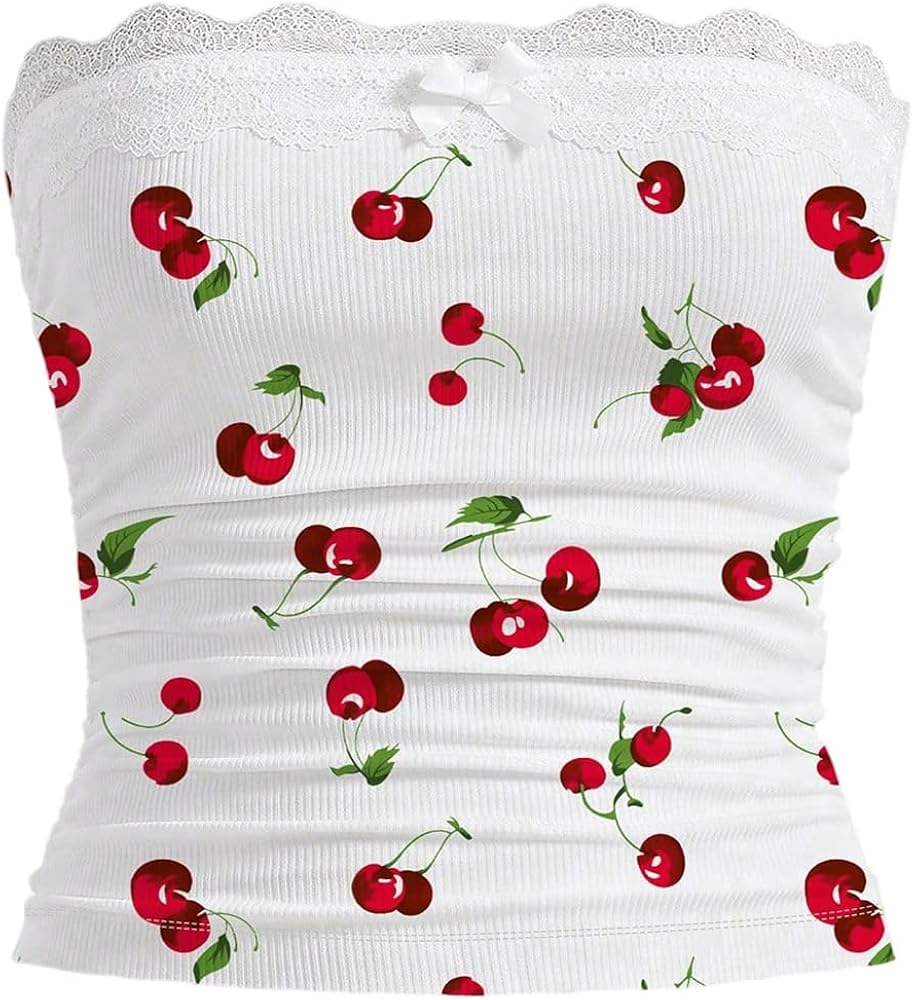 WDIRARA Women's Plus Size Cherry Print Crop Tube Tops Strapless