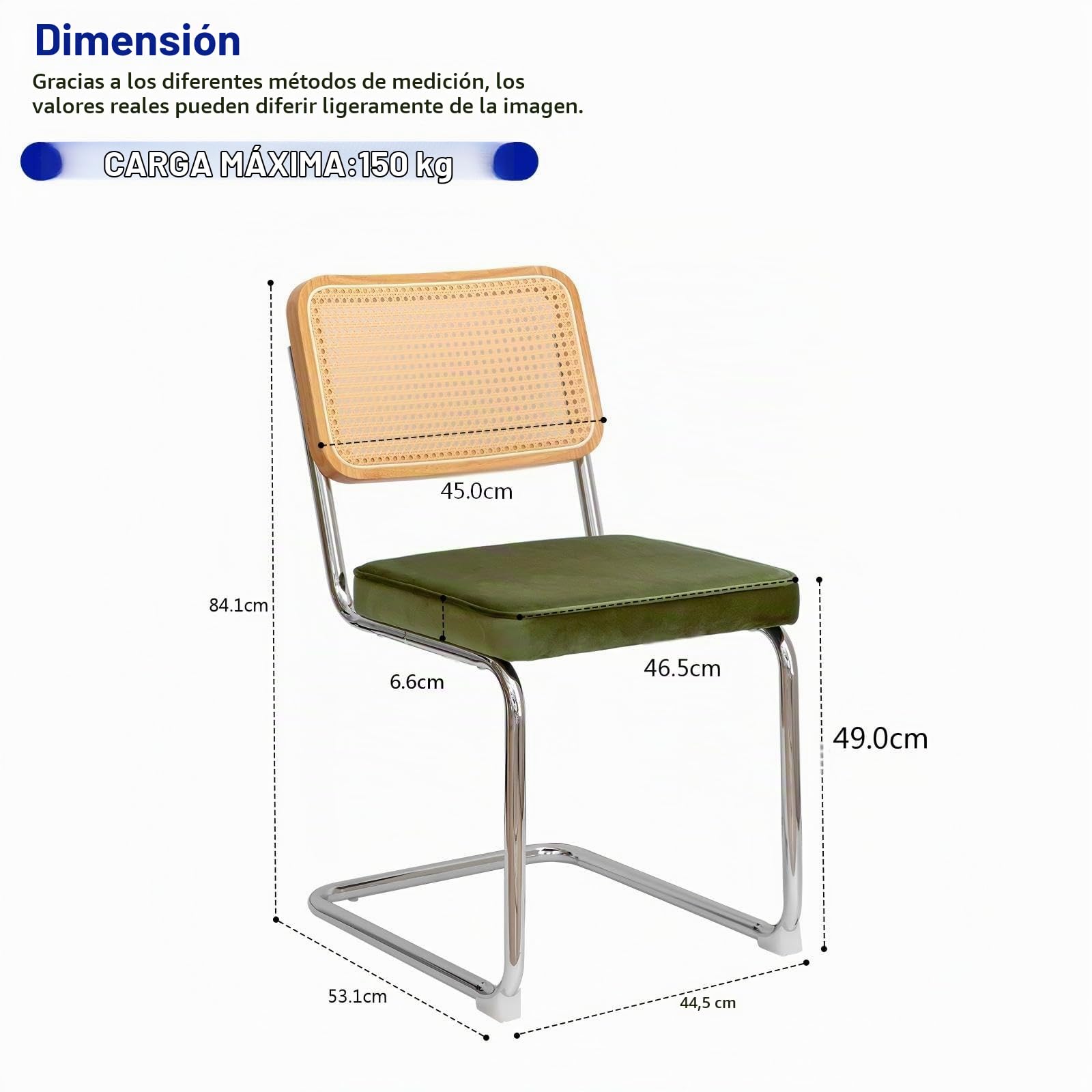 Bladez Juego de 4 sillas de comedor cantilever de terciopelo y ratán, trenzado vienés, con estructura cromada, sillas cantilever Mid-Century, para comedor, sala de estar (verde)