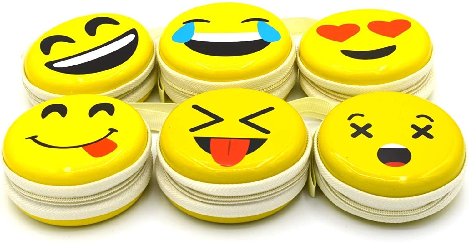 Pack of 6 Standard Size Emoji Coin Pouch Jewellery Pouch Earphone Cover in Yellow Colour Random Emoji Patterns dispatched