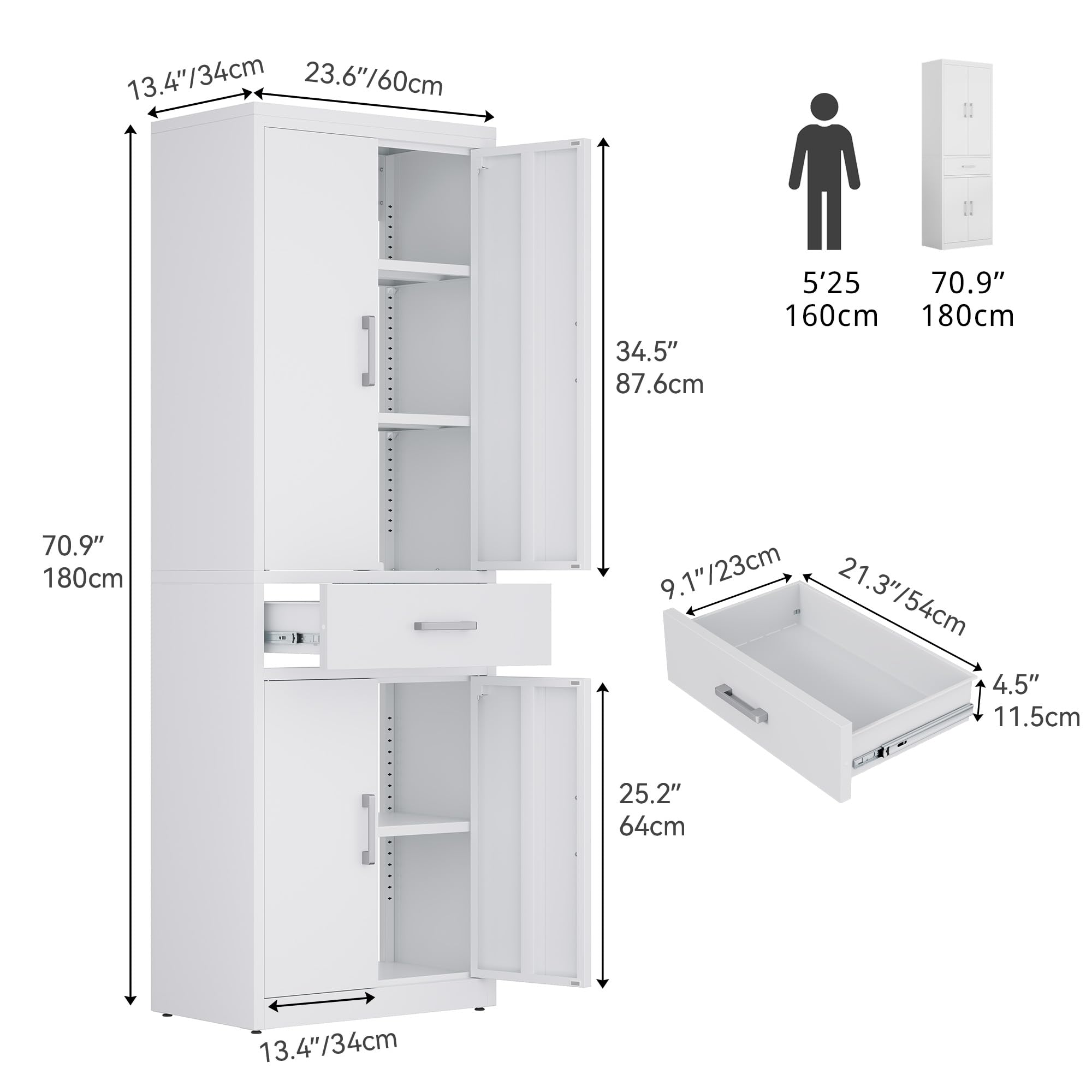 YITAHOME Aktenschrank, Aufbewahrungsschrank mit 3 verstellbaren Regalen, Büro Aktenschrank mit Schublade, Stahl Büro Schrank für Büro Küche Garage, 180H cm x 60W cm x 34D cm, Weiß