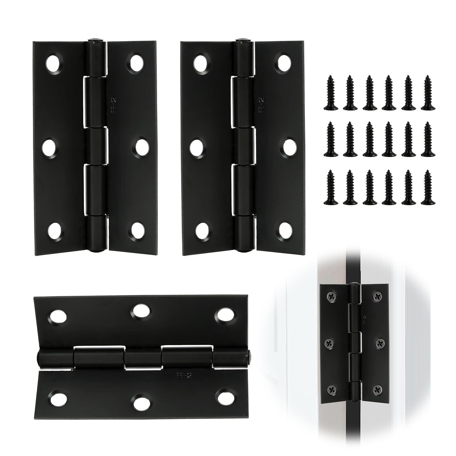 Premium 3 Inch (75mm) Matt Black Ball Bearing Hinges - Heavy-Duty Steel Door Hinges for Internal Wooden Doors, Smooth and Quiet Operation - Includes 18 Matching Screws (1.5 Pairs)