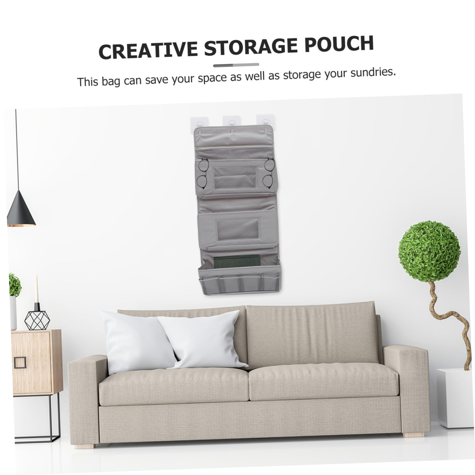 Mikikit Bolsa de Almacenamiento Colgante de Tela Gris con Ganchos sin Perforación Organizador Multiusos para Dormitorio Baño Cocina y Oficina Resistente y Compacto para Ropa y Objetos