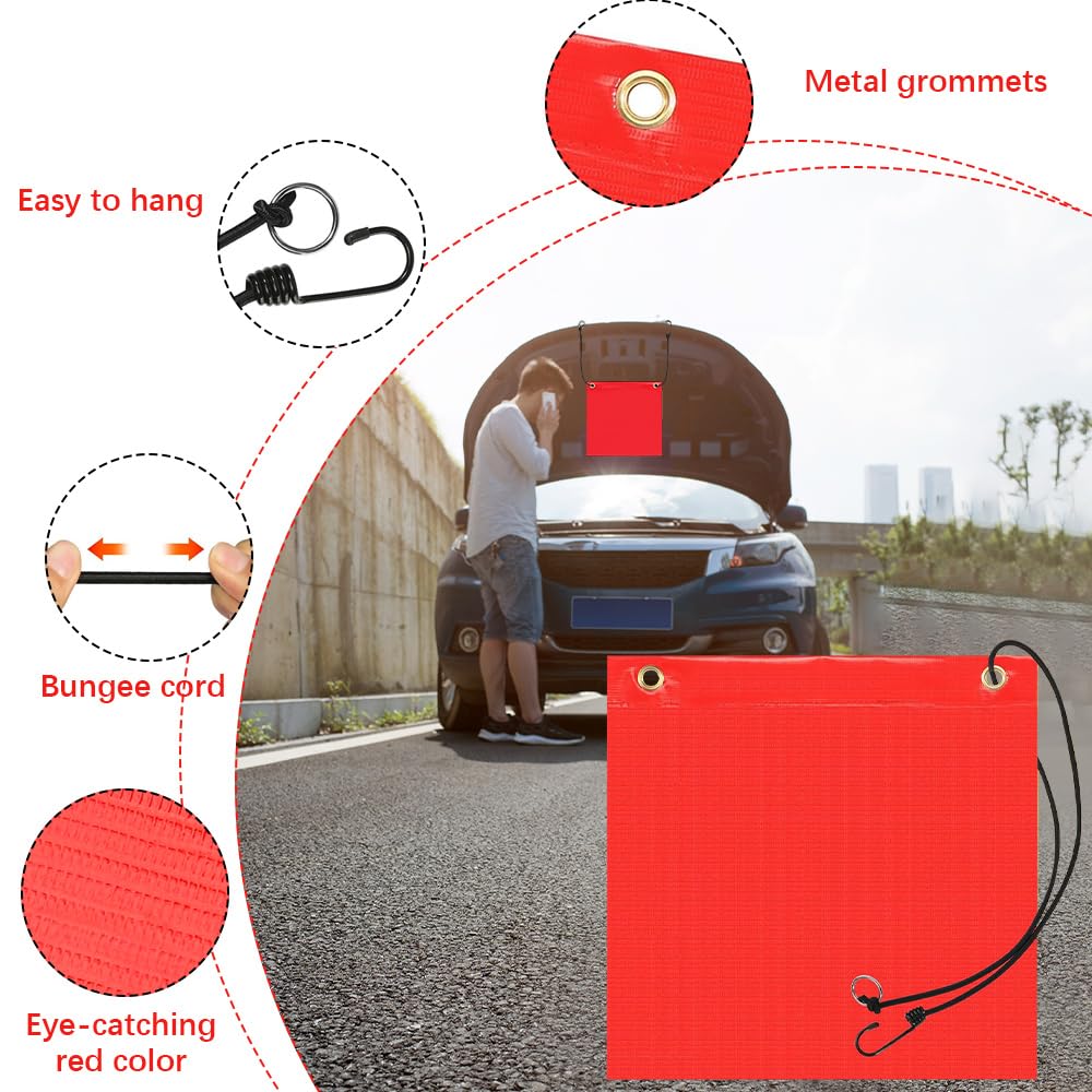 Lot de 2 Drapeaux D'avertissement Rouges, 30 X 30cm, Drapeaux De Signalisation Rouges Avec Corde Élastique Boucles en Cuivre, Drapeau D'Avertissement pour Voiture Caravane Remorque Porte-Vélos