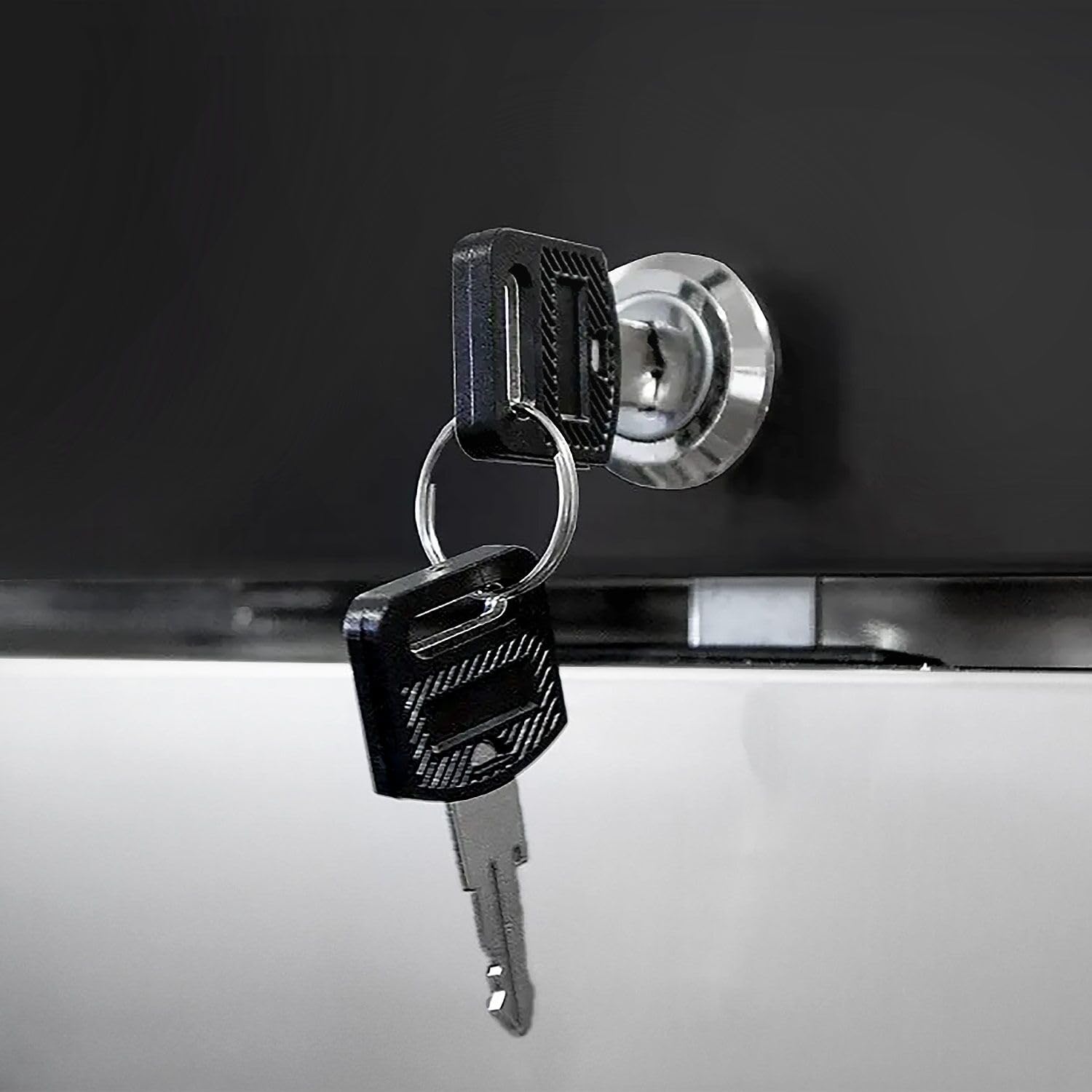 Close-up of the integrated door lock on the refrigerator