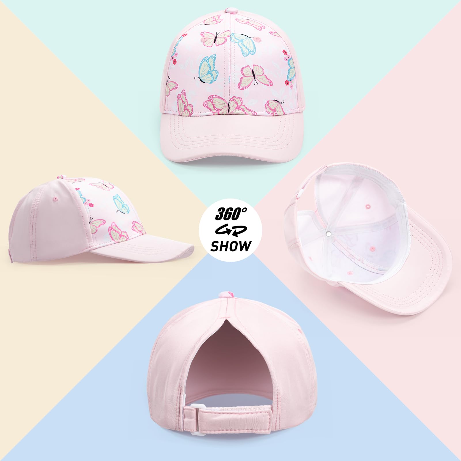 Gorra Niña para 6-8 Años, Béisbol Visera con Agujero para Coleta, Ajustable, Protección Solar UV, Gorro Trucker Verano Primavera 53CM – Regalo para Niñas