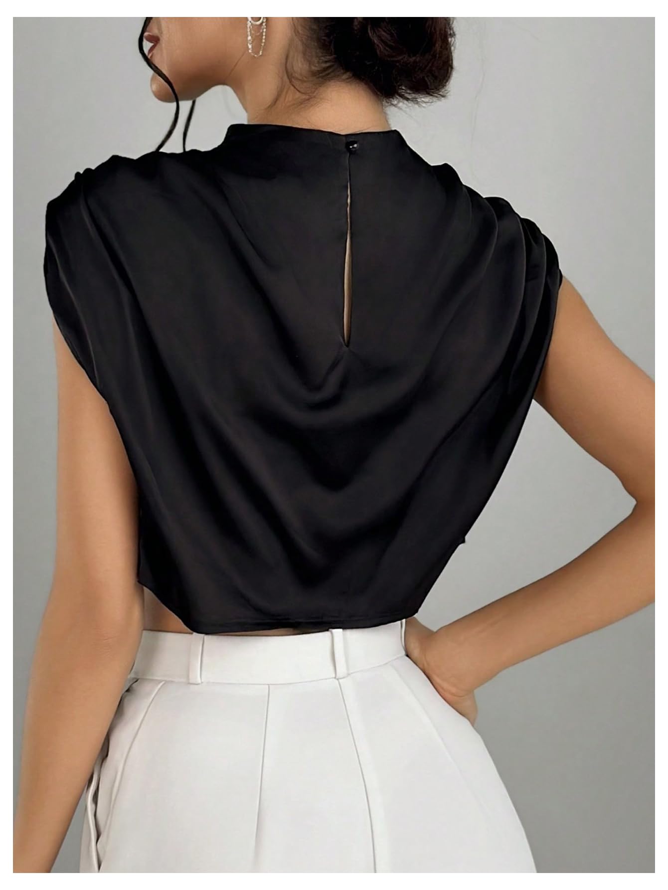 SweatyRocks Women's Satin Crop Tops Ruched Mock Neck Cap Sleeve Elegant Blouse Shirt