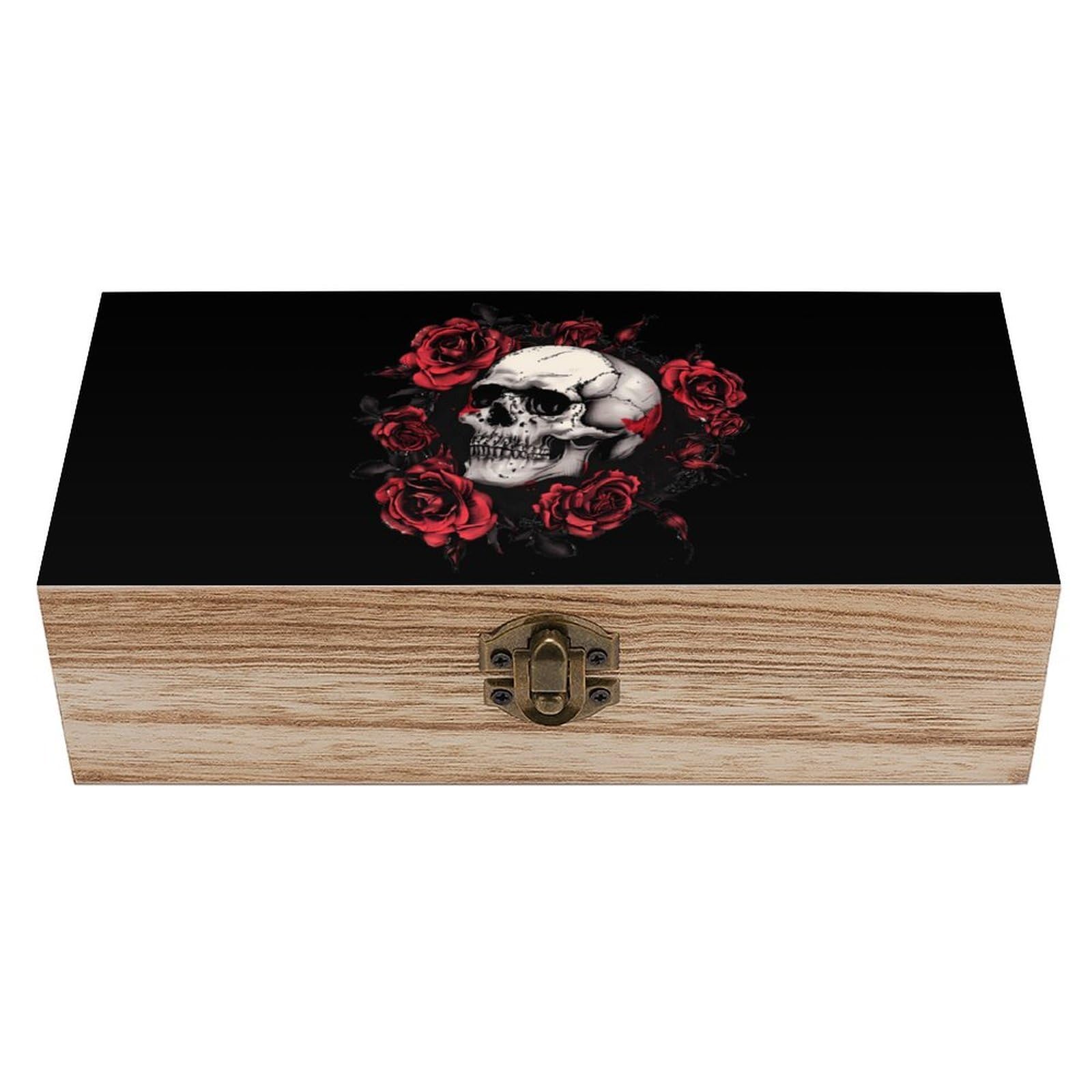 HLBSDM Skull Rose Skeleton Wooden Box with Hinged Lid Decorative Storage Case Container