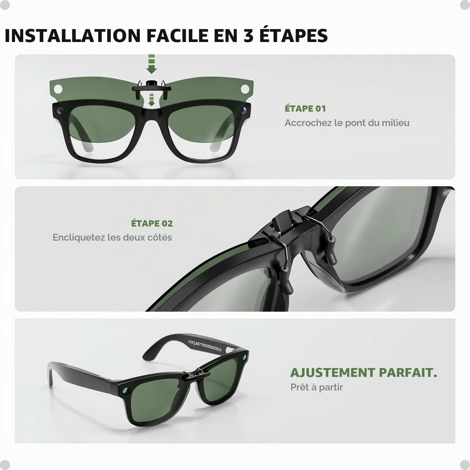 Lot de 4 Clips Solaires Polarisés pour Ray-Ban Meta Smart Glasses (Wayfarer), Verres Anti-Reflet Protection UV, Compatible Capteurs, 4 Couleurs (Taille M/Standard 50mm)